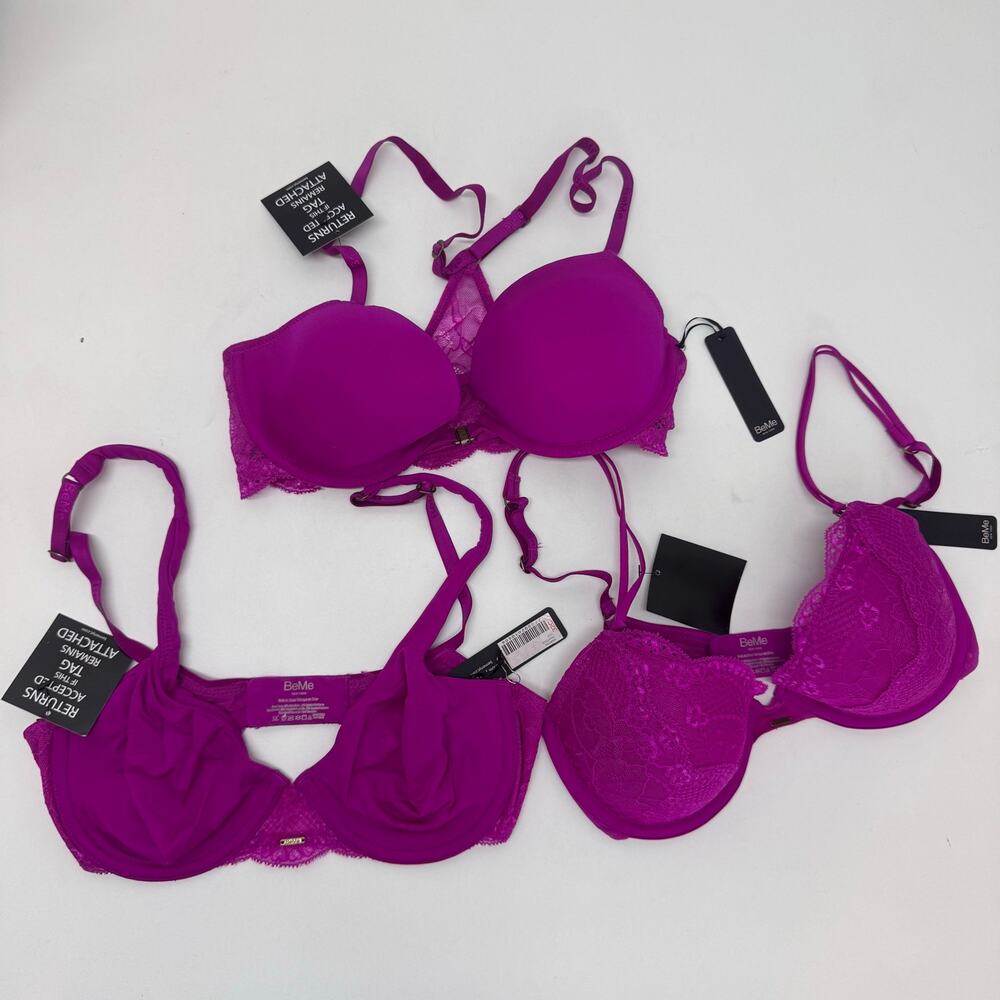 NWT BEME NYC Lace Purple Bras 32C - BUNDLE OF 3 Romantic Coquette Magenta